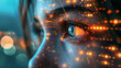 © jiacheng - Closeup of a Woman's Face with Glowing Digital Data Particles Symbolizing AI Integration in Human Life Against a Blurred Night Cityscape