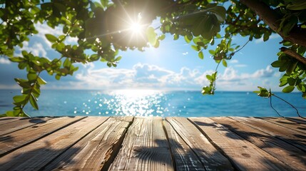 Wooden table top with blue sea and sun background. Summer vacation concept. Abstract summer background. Blue sky.