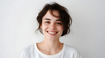 Wall Mural - Portrait of beautiful natural girl without makeup, smiling happy at camera, standing in t-shirt against white background