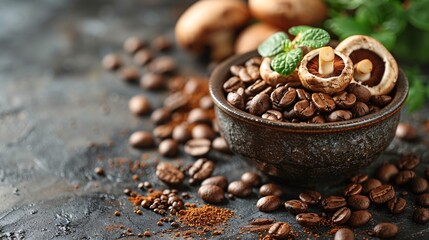 Coffee Beans and Mushrooms on a Rustic Background.