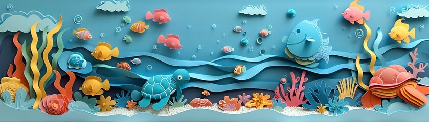 A vibrant underwater scene featuring paper art fish, a turtle, and coral in a colorful ocean setting.