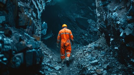 The photo shows a miner walking in a dark mine
