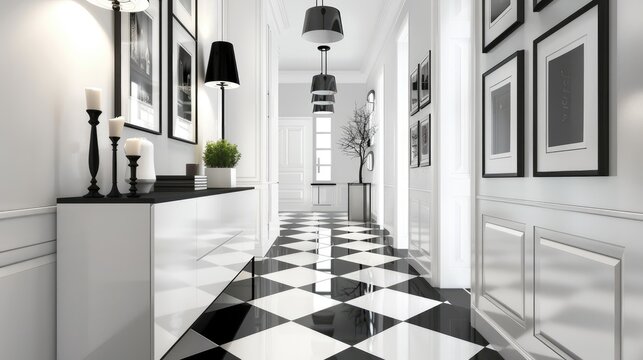 Elegant hallway with black and white tile floor, featuring a sleek white cabinet against one wall and framed art on the other, illuminated by modern pendant lights
