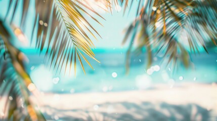  Beautiful tropical background with palm leaves and sand, closeup. Summer mock-up for presentation