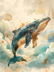 Wall Mural - A whale gracefully swims underwater in a fluid watercolor painting