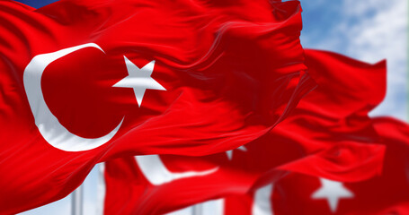 Wall Mural - Turkish national flags waving in the wind on a clear day