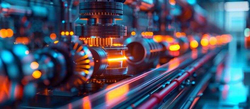 Close-up of advanced industrial machinery with glowing lights in a modern factory, showcasing technology and engineering.