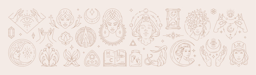 Wall Mural - Big set of woman and magic symbols in line art style. Beauty fashion esoteric concepts.