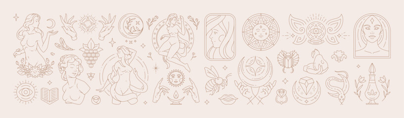 Wall Mural - Big set of woman and magic symbols in line art style. Beauty fashion esoteric concepts.