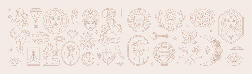 Wall Mural - Big set of woman and magic symbols in line art style. Beauty fashion esoteric concepts.