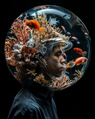 Portrait man with round methacrylate helmet, transparent, coral, fish, Seaweed, minimalist, 3d hyperrealistic, black solid background