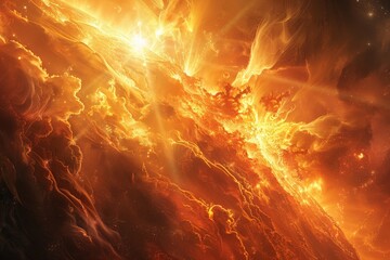 a stunning depiction of a fiery cosmic explosion with bright light and swirling clouds in the vastne
