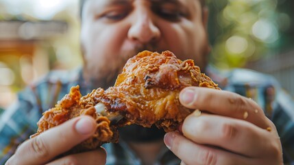 Overweight Man Indulging in a Large Piece of Fried Chicken with Blurred Background and Copy Space