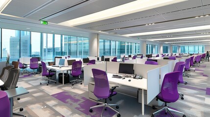 Wall Mural - a modern, spacious, and well-lit office space featuring an array of ergonomic purple chairs, white d