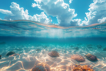 Wall Mural - A photograph of crystal-clear ocean water with beautiful sand visible on the bottom