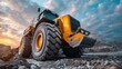 © Intelligent Horizons - Large powerful heavy construction or mining equipment like excavators bulldozers and wheel loaders in at a construction or mining site against a dramatic sky at sunrise or sunset