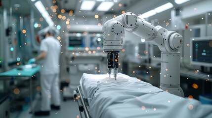 Wall Mural - The combination of a skilled surgical team and a robotic arm with AI capabilities leads to precise health interventions, revolutionizing the operating room environment. 