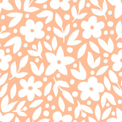 Wall Mural - Simple delicate floral vector seamless pattern. White flowers, leaves on a peach background. For fabric prints, textile products.