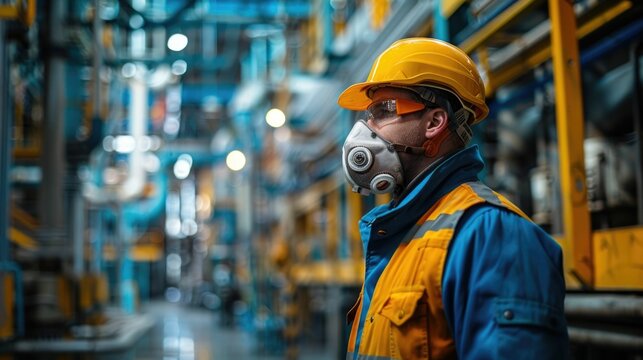 Portrait of an industrial worker wearing a hard hat gas mask and protective overalls following strict safety protocols and procedures in a bustling factory or warehouse environment