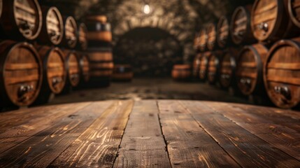 Empty dark wooden tabletop for product display on blurred winery wine barrels cellar background