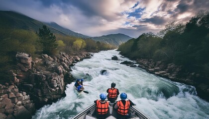 Wide drone shot overhead of a group of people on a white water raft trip going through some intense rapids in an orange dingy
