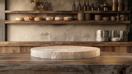 Wall Mural - Empty stone podium, on wooden countertops, on the background of shelves , kitchen interior, 3d. rustic style.