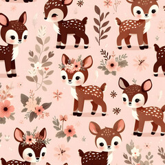 Wall Mural - Seamless vector pattern with cute vintage fawn, mom and baby on floral background. Perfect for textile, wallpaper or print design