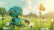 © Екатерина Чумаченко - Little cute robot lost in a summer field on a beautiful day, discovering the earth and exploring nature with curiosity, being surprised by a butterfly