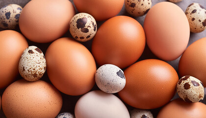 Chicken brown eggs and quail eggs. Fresh farm product. Organic and tasty food. Top view.