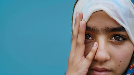 Wall Mural - Muslim girl covering eye with hand against blue background