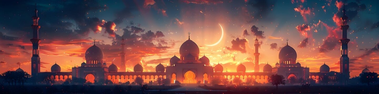 Majestic Silhouette of an Ornate Islamic Mosque Against a Crescent Moon