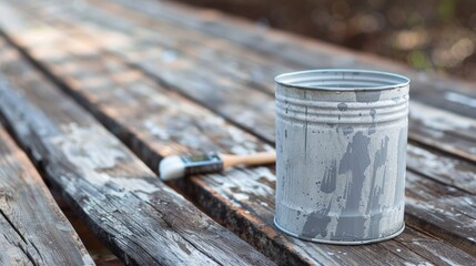 Wall Mural - Grey paint can and brush on wooden planks outdoors ready for painting DIY concept