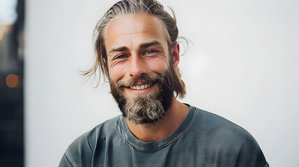 Portrait of beautiful mature blonde bearded guy with trendy hairdo in casual grey shirt smiling and looking in camera.