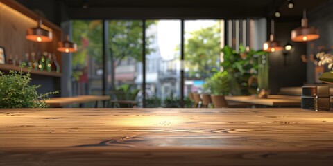 Wall Mural - Wooden Table Top with Cafe Background