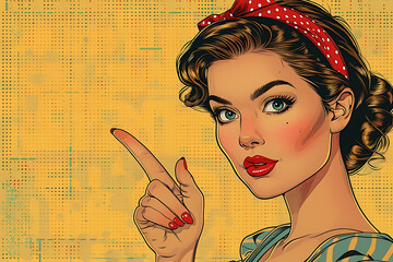 Wall Mural -  beautiful girl pointing with her index finger, smiling and happy, in pop art style