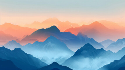 Wall Mural - Abstract mountain landscape in the style of a watercolor painting, foggy mountains, soft gradient colors, minimalist design