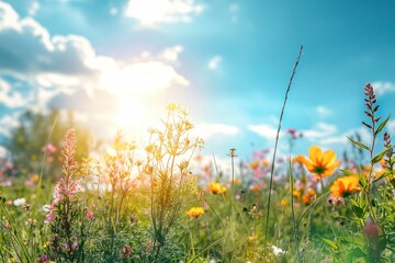 Wall Mural - Serene and tranquil meadow at sunset with vibrant wildflowers, blooming floral landscape, warm sunlit glow, and peaceful natural environment in the beautiful countryside outdoors