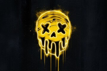 Wall Mural - Glowing yellow paint spray, melting drips, doodle cartoon skull with X dead eyes against a black background.