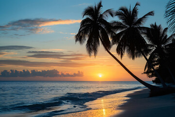 Wall Mural - Tranquil tropical beach at sunset with palm trees silhouette against vibrant orange and golden hour sky, creating a serene and scenic paradise for relaxation and tranquility