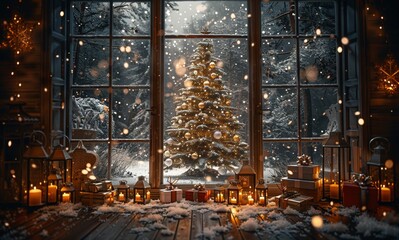 Poster - Decorated Christmas Tree By Window With Falling Snow