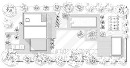 Wall Mural - landscape design plan with house, courtyard, lawn and garage top view. highly detailed blueprint pla