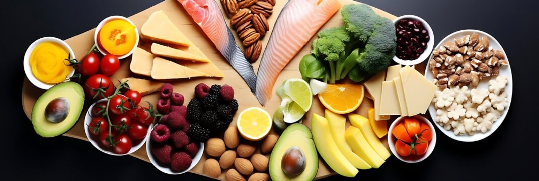 balanced diets a colorful assortment of fruits and vegetables, including green avocados, yellow bananas, red peppers, and sliced cheese, arranged in a white bowl