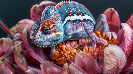 Wall Mural - A chameleon perches on a flower, its intricate patterns and vibrant hues showcased in an exceptionally close-up photograph.