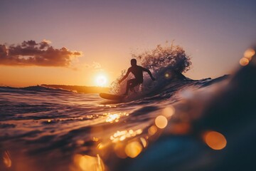 Wall Mural - Thrilling outdoor sunset surfing adventure with a silhouette of a surfer riding the golden hour waves in the evening. Enjoying the freedom and thrill of this water sport in the beautiful ocean