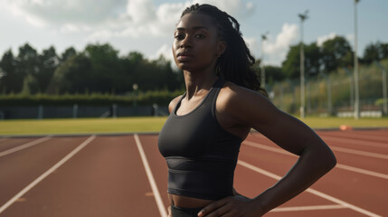 Athletic woman standing on a running track outdoors, strong and confident pose in daylight, fitness and training concept