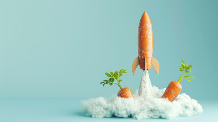 Carrot rocket launch with clouds and two carrots on a blue background, creative concept