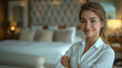 © Yavor - A dedicated housekeeper meticulously tends to every detail of a hotel room, her thorough cleaning and attention to cleanliness ensuring a comfortable and welcoming environment for guests