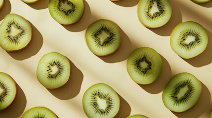 Wall Mural - Top view of fresh kiwi slices on light background, healthy eating and organic food concept