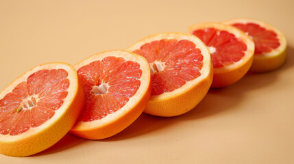 Wall Mural - Sliced grapefruits on a beige background, close-up. Fresh and healthy food concept