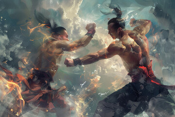 Mix martial art digital portrait, Ethereal wrestling concept Art, eye catching surreal boxing people, Creative fantasy fighting MMA figures, 2 boxing Duo, Powerful Boxing banner, Boxers in Action